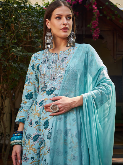 Blue Floral Anarkali Kurta With Pencil Pants & Dupatta-Shae by SASSAFRAS