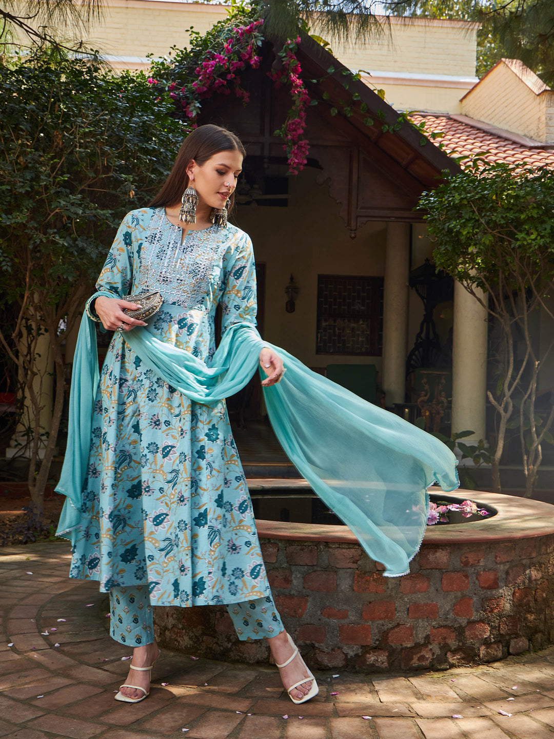 Blue Floral Anarkali Kurta With Pencil Pants &amp; Dupatta-Shae by SASSAFRAS