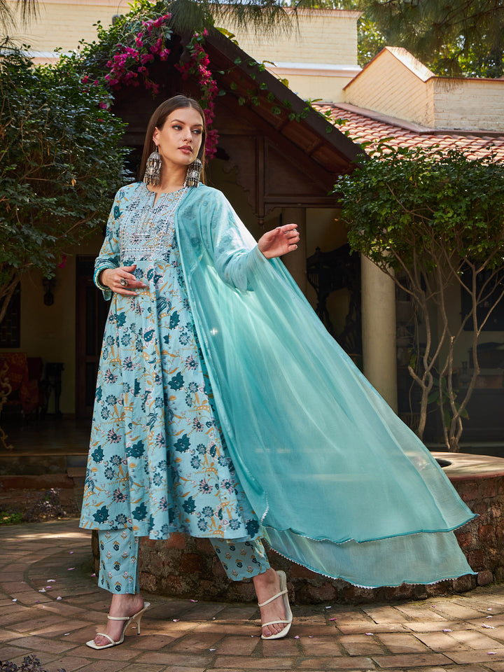 Blue Floral Anarkali Kurta With Pencil Pants &amp; Dupatta-Shae by SASSAFRAS