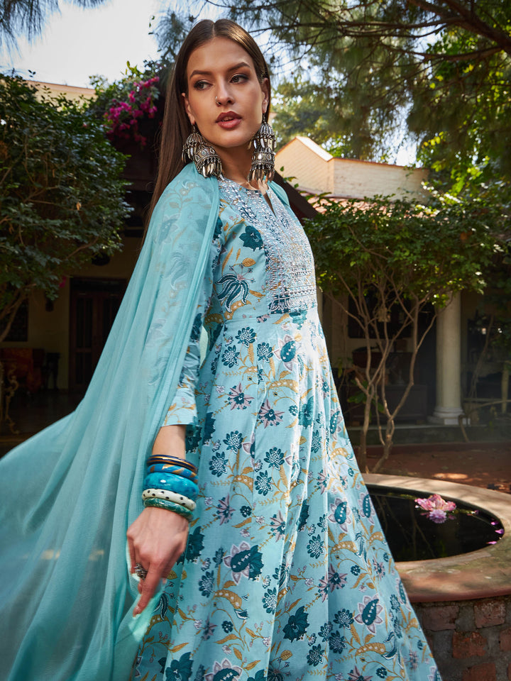 Blue Floral Anarkali Kurta With Pencil Pants &amp; Dupatta-Shae by SASSAFRAS
