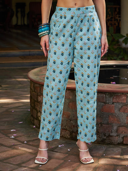 Blue Floral Anarkali Kurta With Pencil Pants & Dupatta-Shae by SASSAFRAS