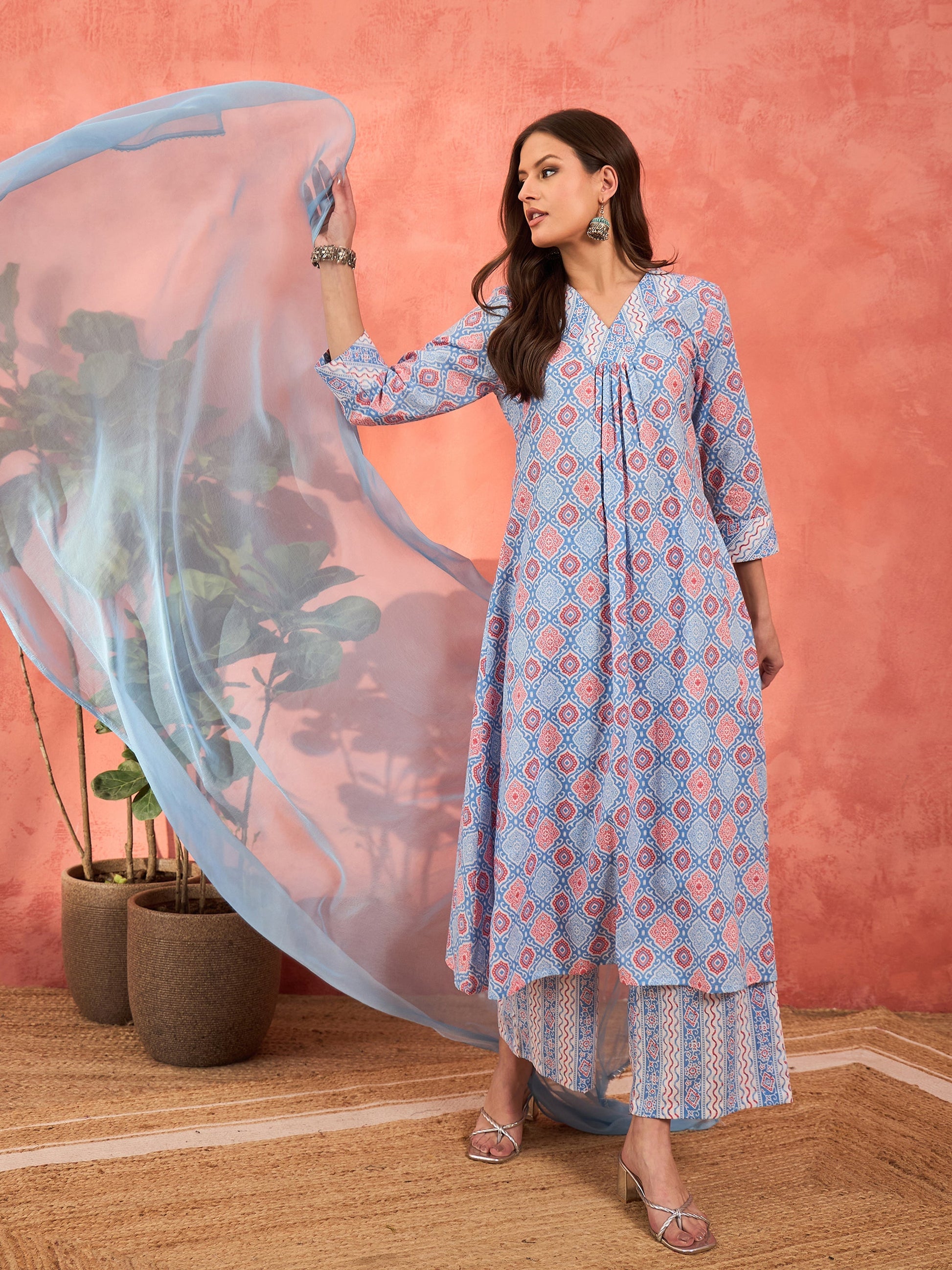 Blue Geometric Print V Neck Kurta With Pencil Pants & Dupatta-Shae by SASSAFRAS