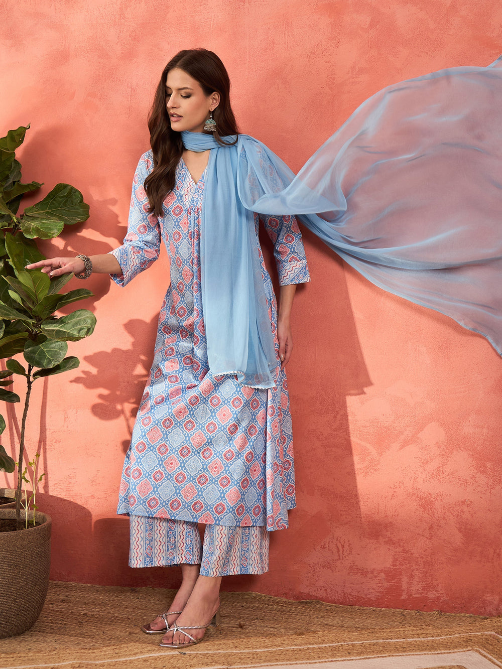 Blue Geometric Print V Neck Kurta With Pencil Pants & Dupatta-Shae by SASSAFRAS