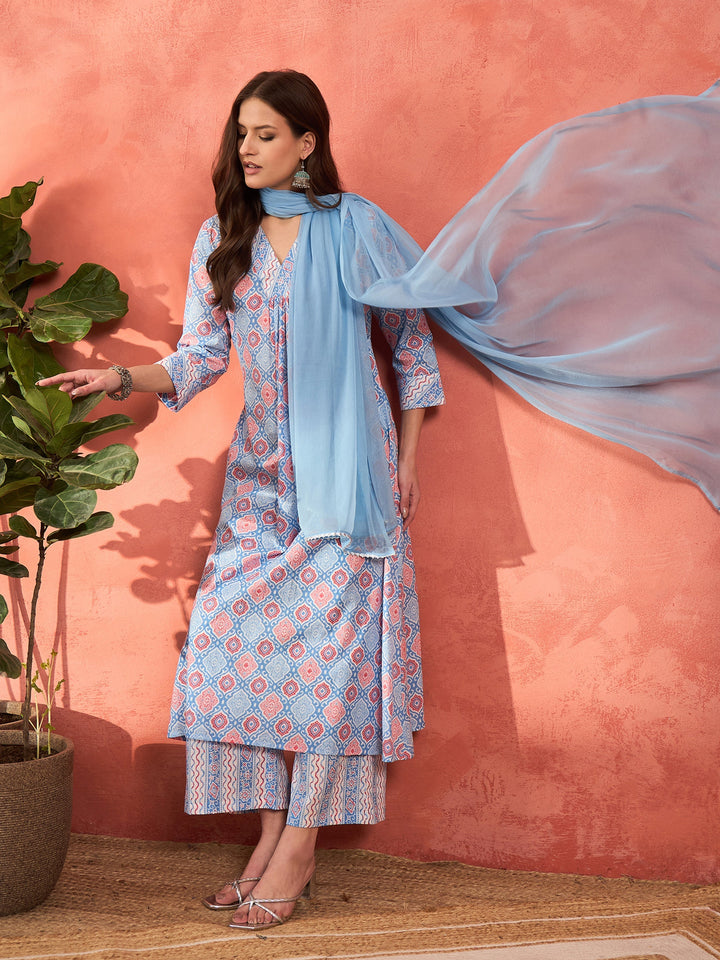 Blue Geometric Print V Neck Kurta With Pencil Pants &amp; Dupatta-Shae by SASSAFRAS