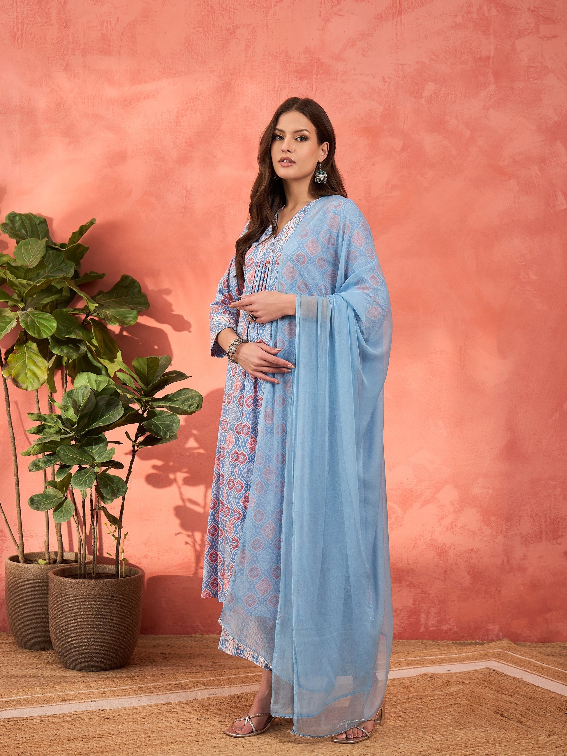 Blue Geometric Print V Neck Kurta With Pencil Pants & Dupatta-Shae by SASSAFRAS