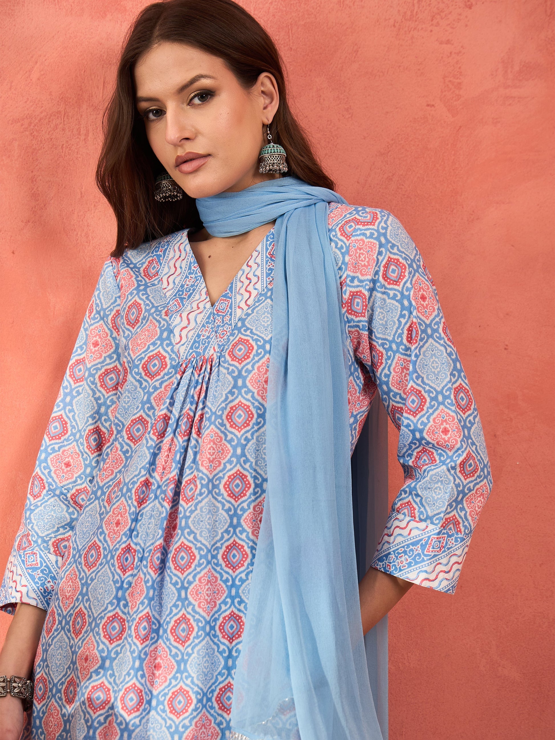 Blue Geometric Print V Neck Kurta With Pencil Pants & Dupatta-Shae by SASSAFRAS