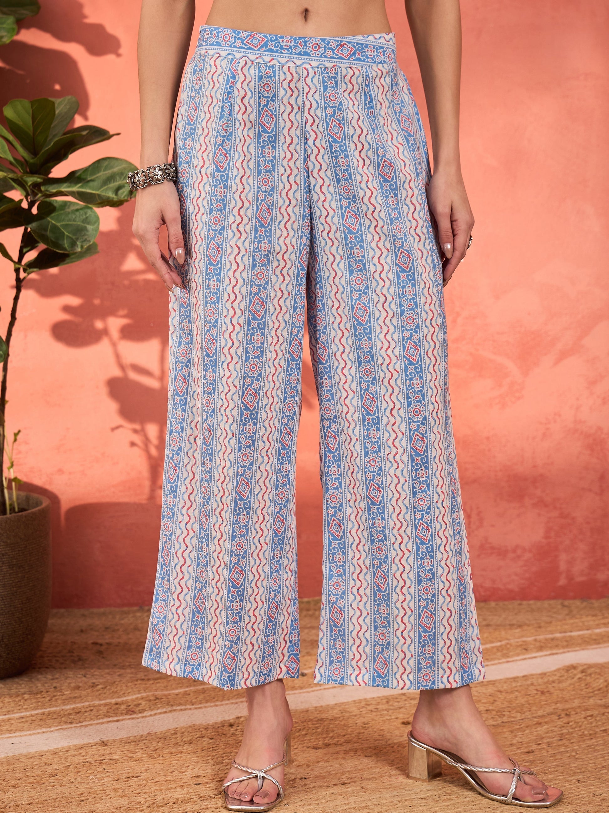 Blue Geometric Print V Neck Kurta With Pencil Pants & Dupatta-Shae by SASSAFRAS