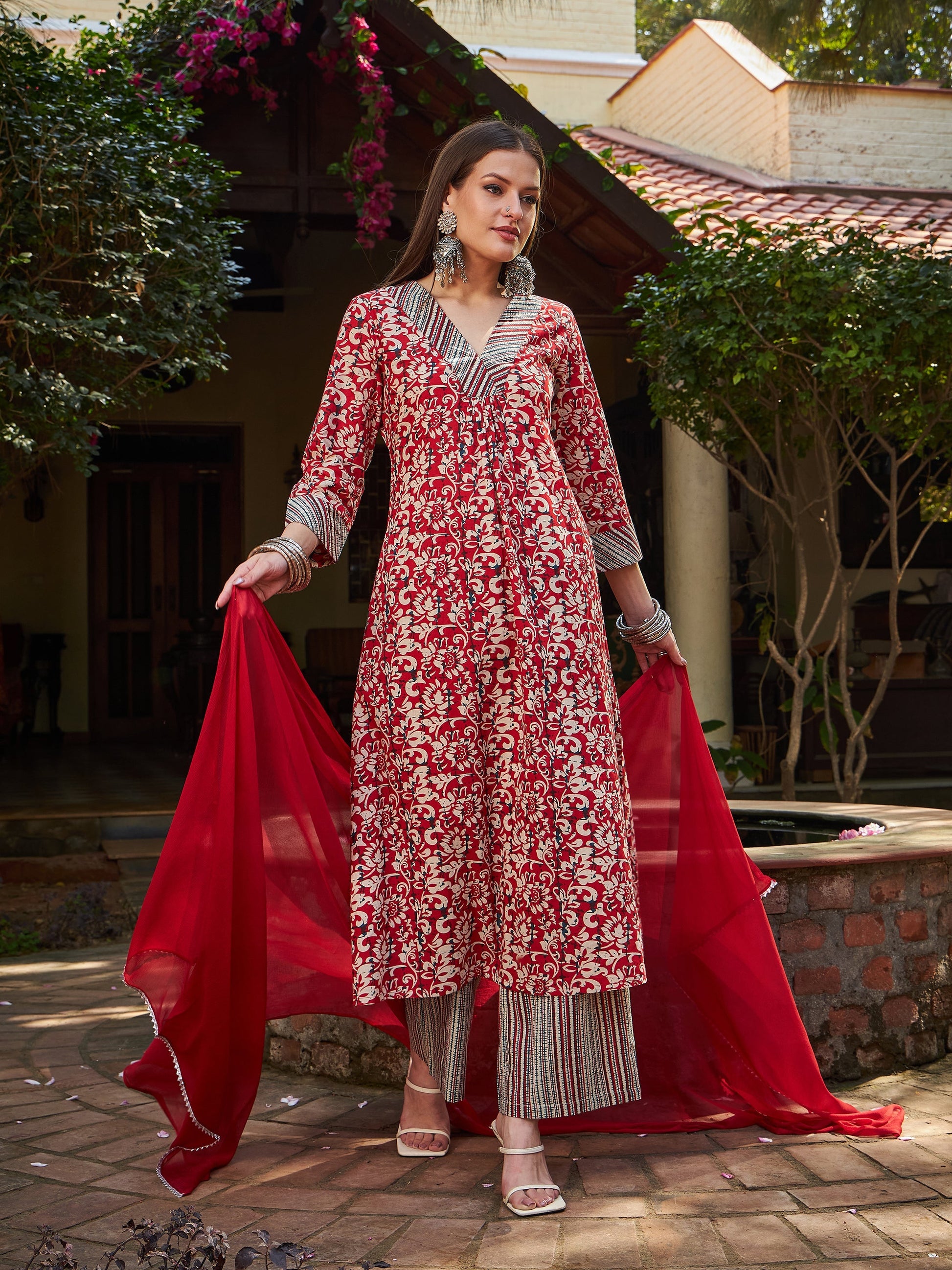 Maroon Geometric Print V Neck Kurta With Pencil Pants & Dupatta-Shae by SASSAFRAS