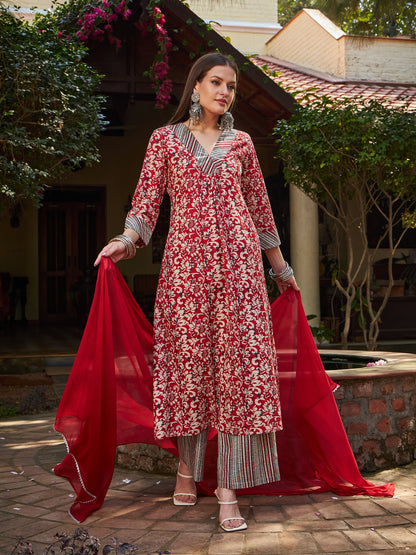 Maroon Geometric Print V Neck Kurta With Pencil Pants & Dupatta-Shae by SASSAFRAS
