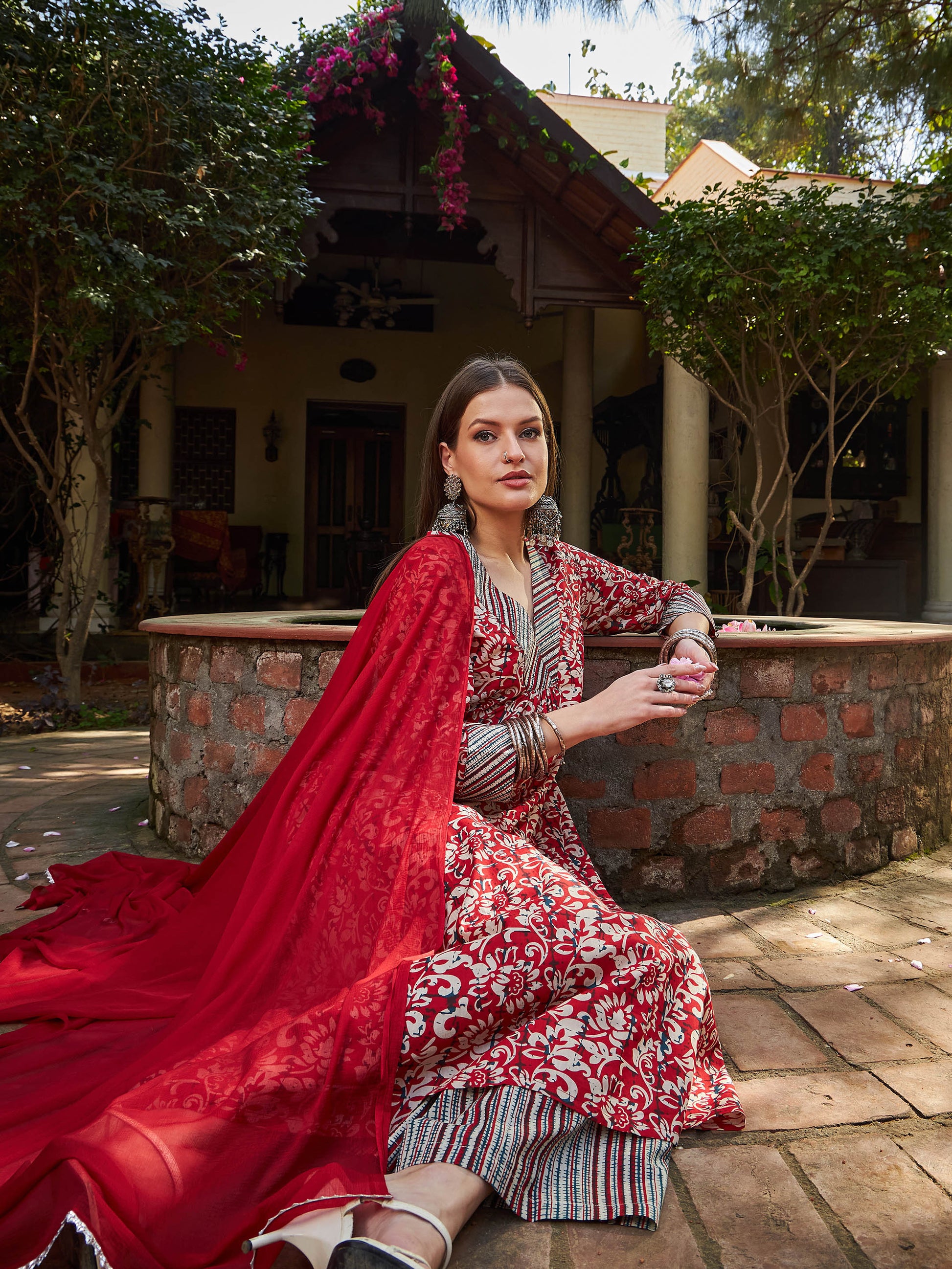 Maroon Geometric Print V Neck Kurta With Pencil Pants & Dupatta-Shae by SASSAFRAS