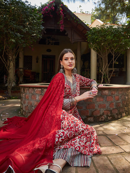 Maroon Geometric Print V Neck Kurta With Pencil Pants & Dupatta-Shae by SASSAFRAS