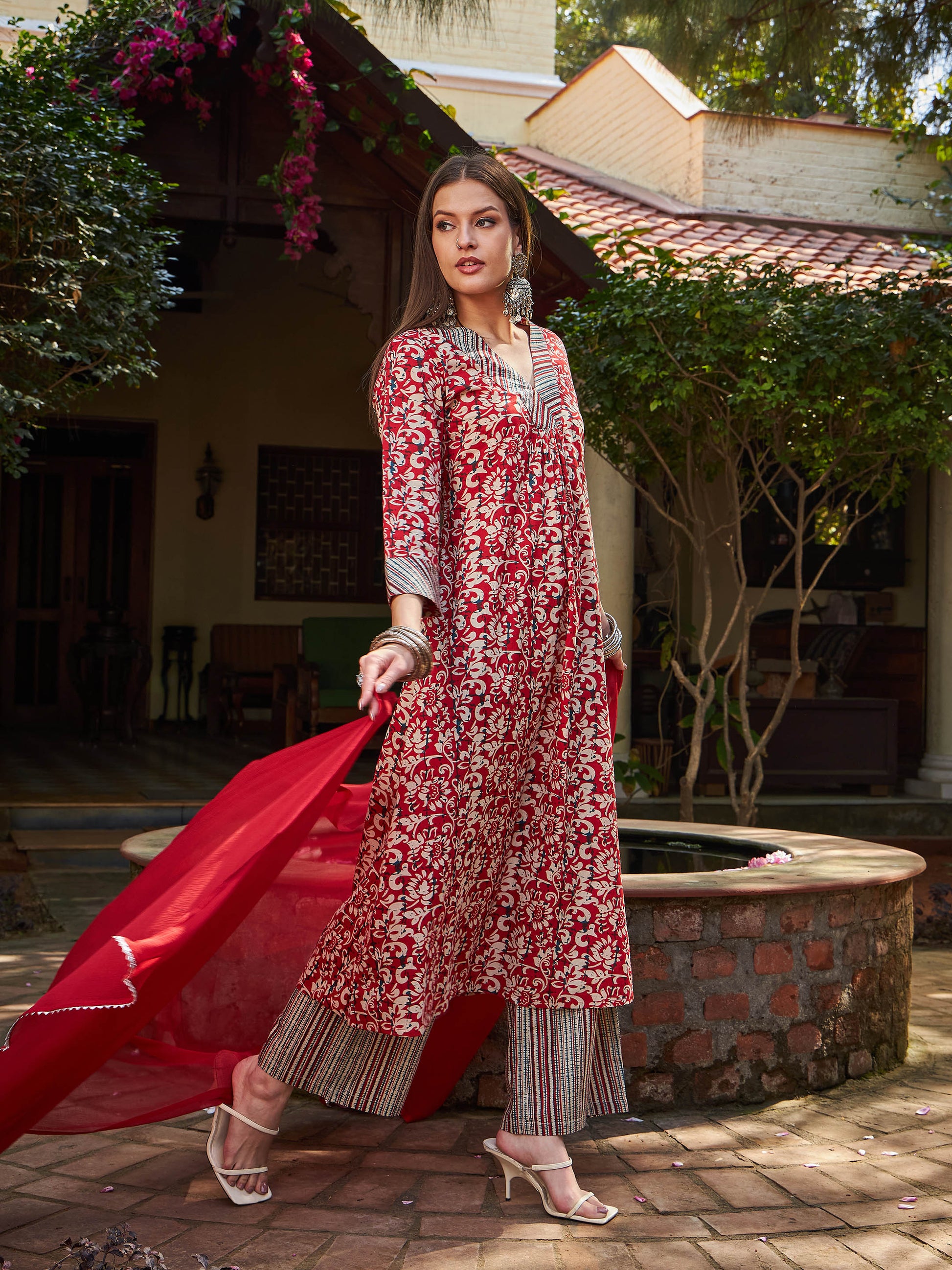 Maroon Geometric Print V Neck Kurta With Pencil Pants & Dupatta-Shae by SASSAFRAS