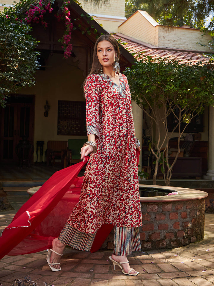Maroon Geometric Print V Neck Kurta With Pencil Pants &amp; Dupatta-Shae by SASSAFRAS