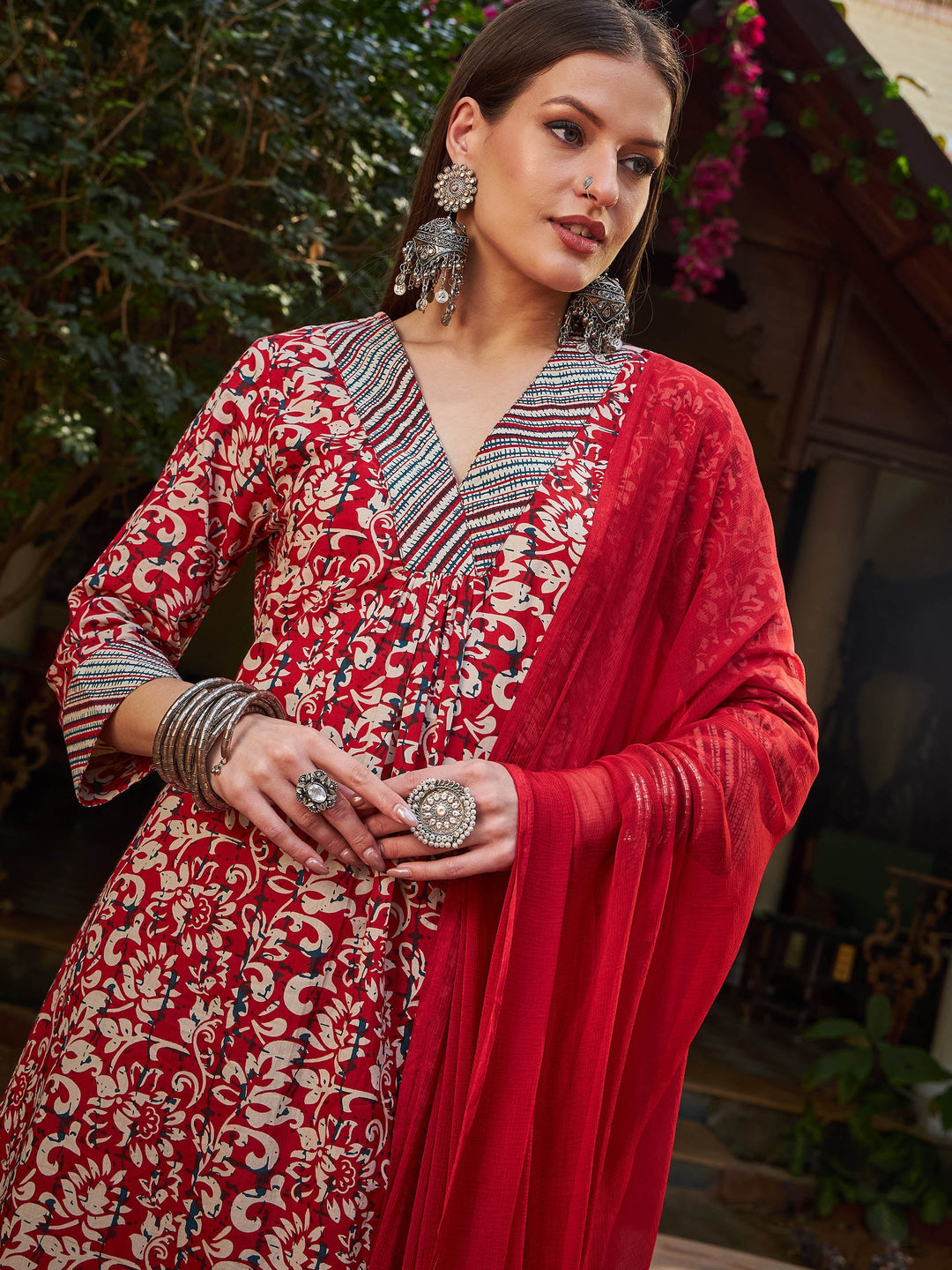 Maroon Geometric Print V Neck Kurta With Pencil Pants &amp; Dupatta-Shae by SASSAFRAS