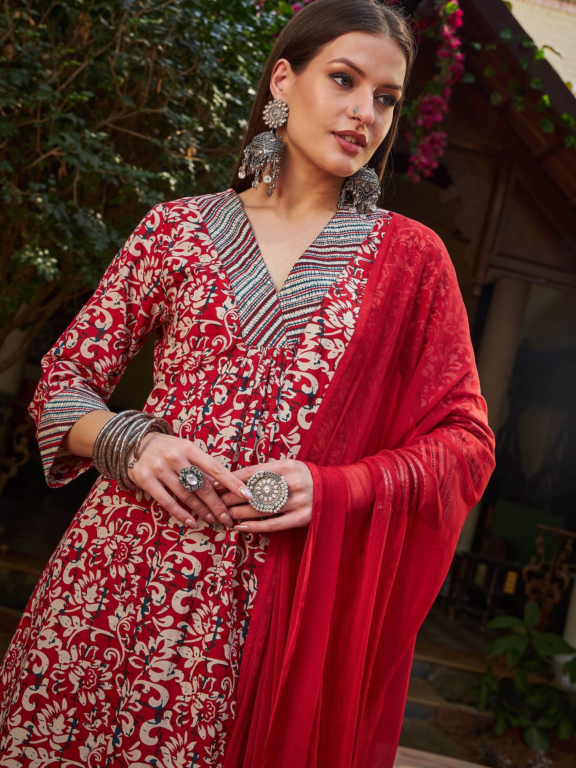 Maroon Geometric Print V Neck Kurta With Pencil Pants & Dupatta-Shae by SASSAFRAS