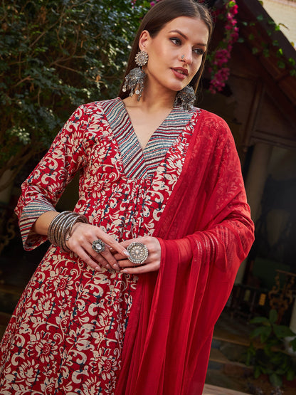 Maroon Geometric Print V Neck Kurta With Pencil Pants & Dupatta-Shae by SASSAFRAS