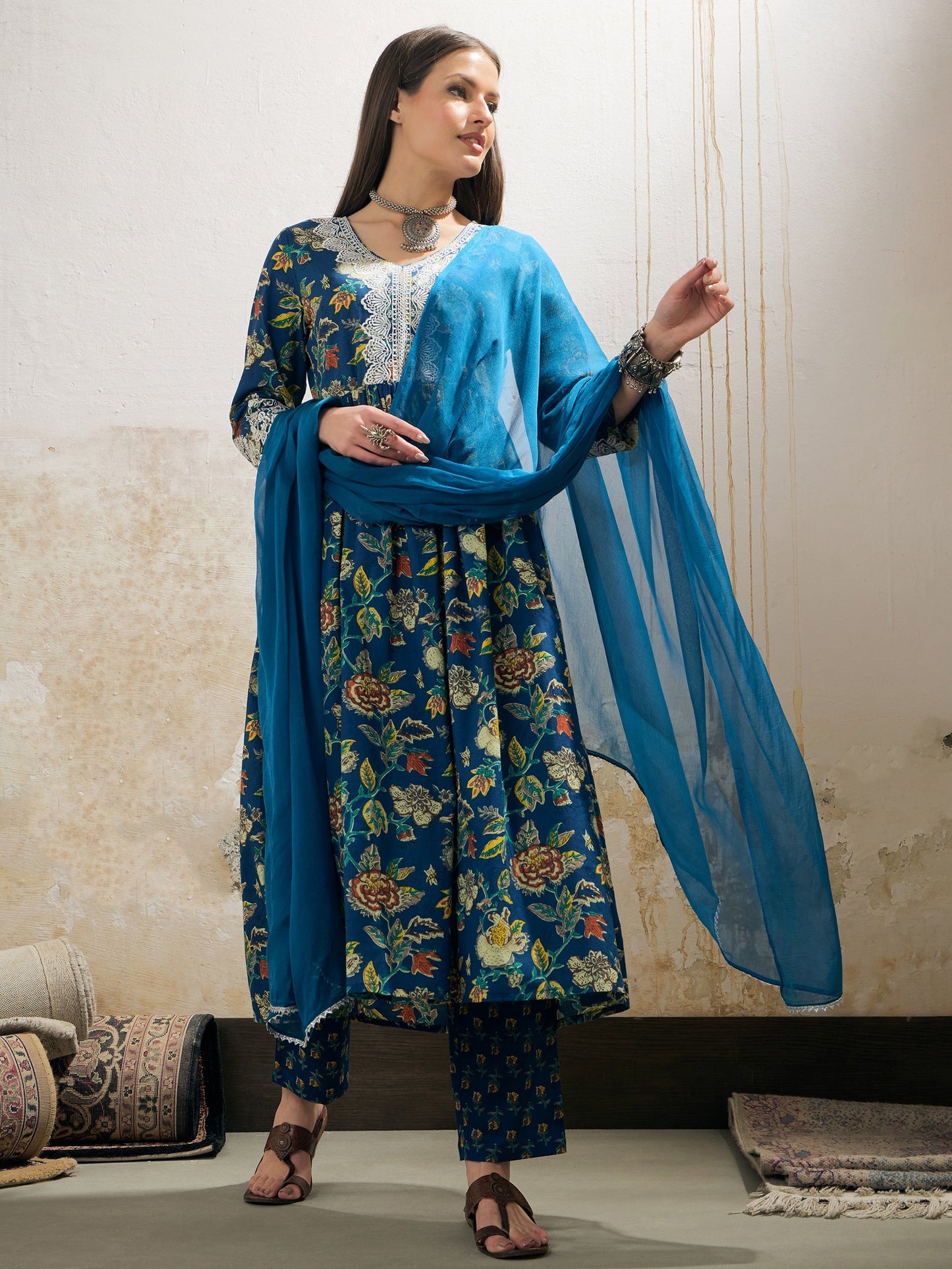 Navy Floral Gathered Kurta With Pencil Pants & Dupatta-Shae by SASSAFRAS