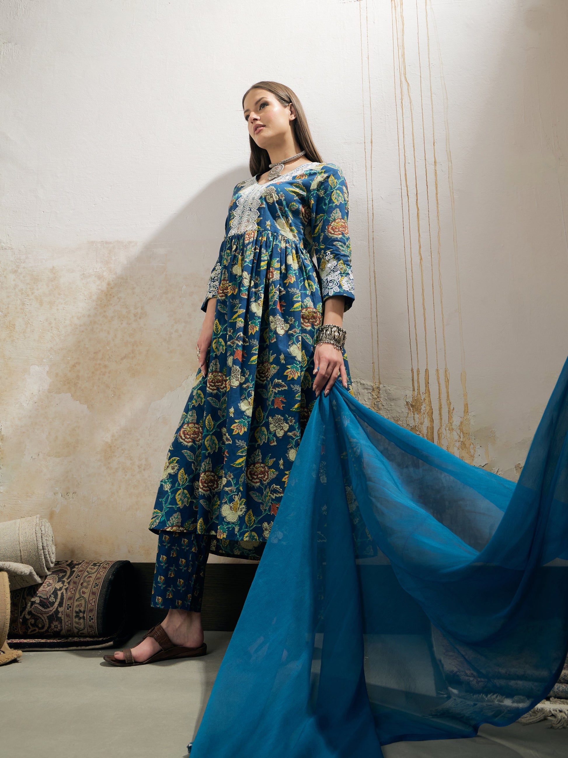 Navy Floral Gathered Kurta With Pencil Pants & Dupatta-Shae by SASSAFRAS