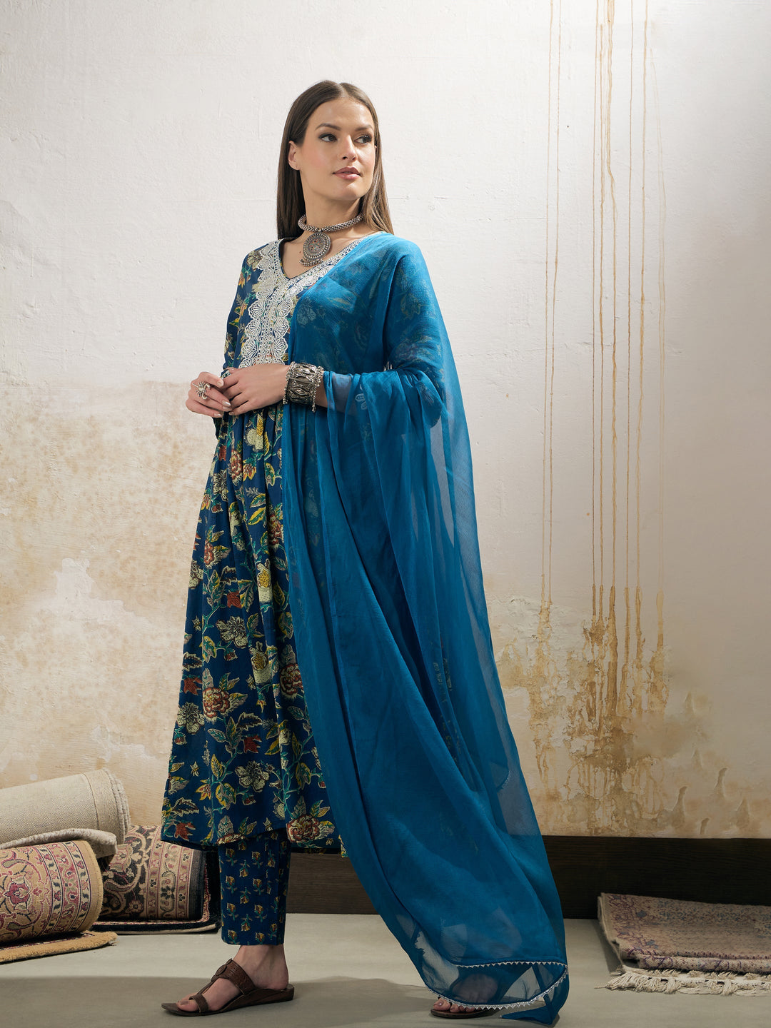 Navy Floral Gathered Kurta With Pencil Pants &amp; Dupatta-Shae by SASSAFRAS