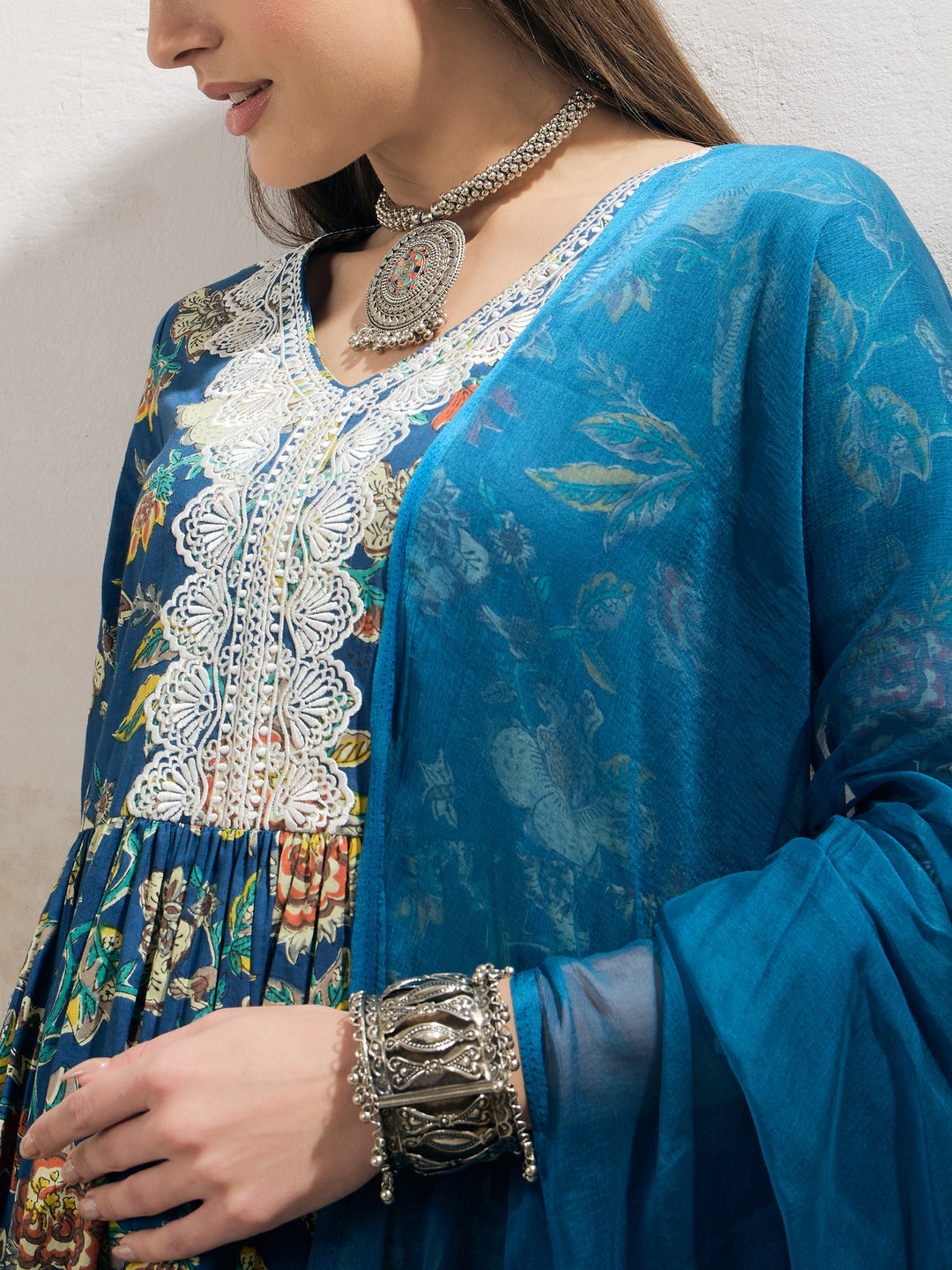 Navy Floral Gathered Kurta With Pencil Pants &amp; Dupatta-Shae by SASSAFRAS