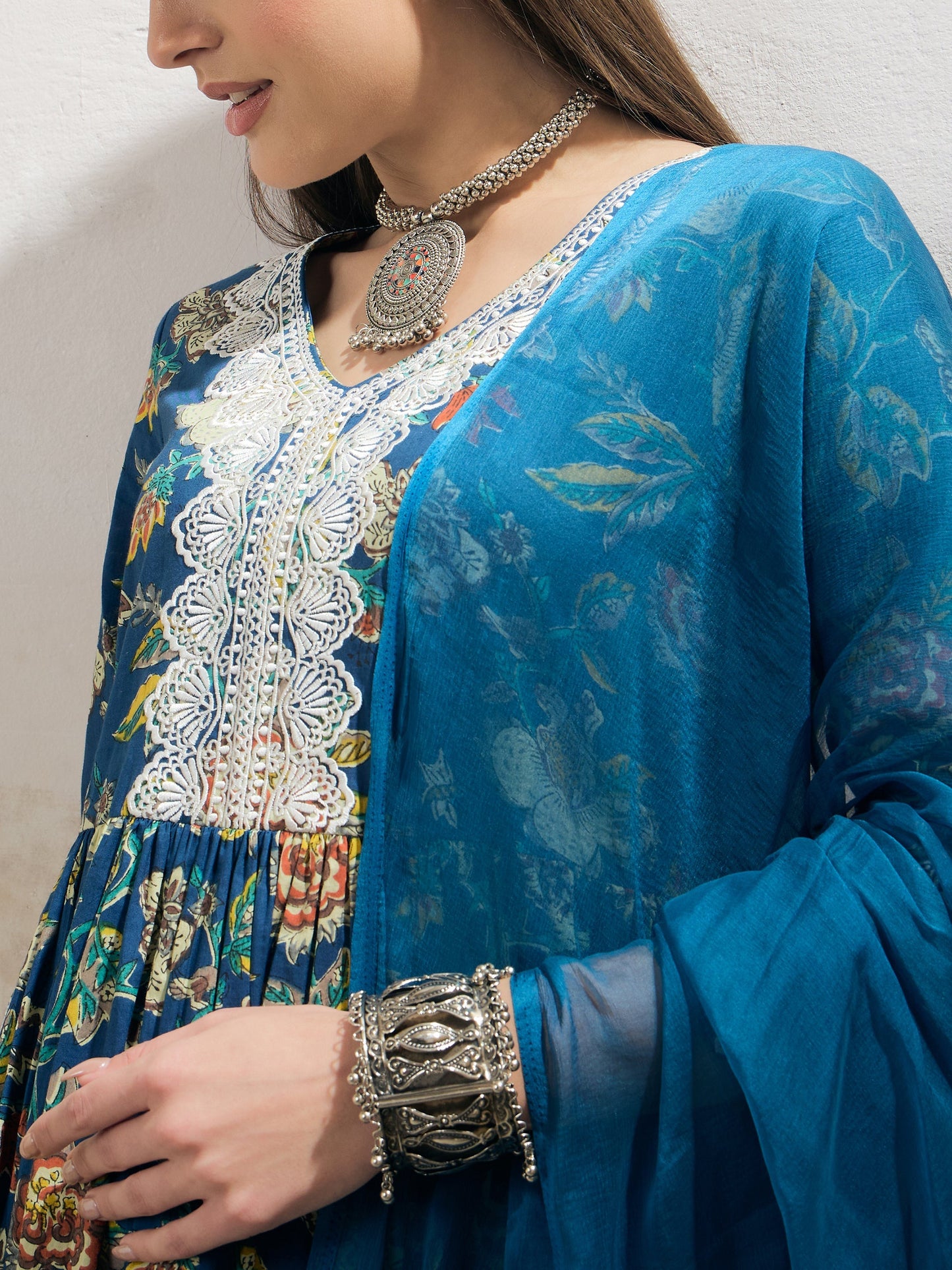 Navy Floral Gathered Kurta With Pencil Pants & Dupatta-Shae by SASSAFRAS