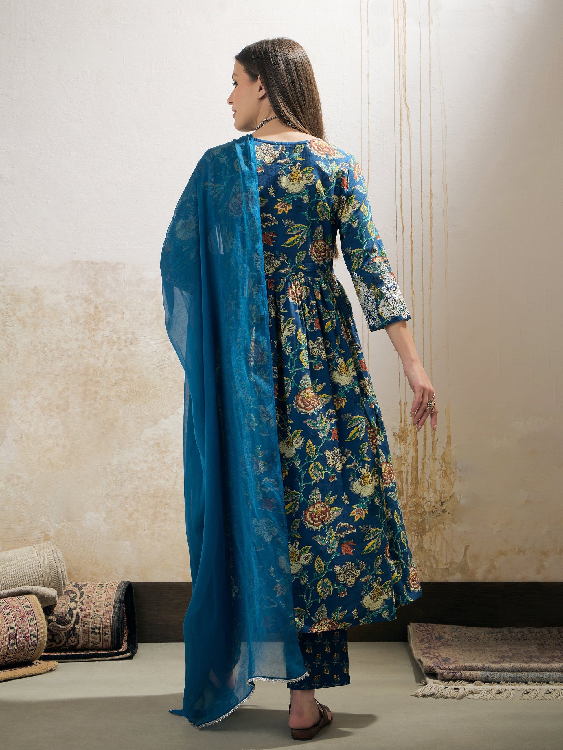 Navy Floral Gathered Kurta With Pencil Pants & Dupatta-Shae by SASSAFRAS