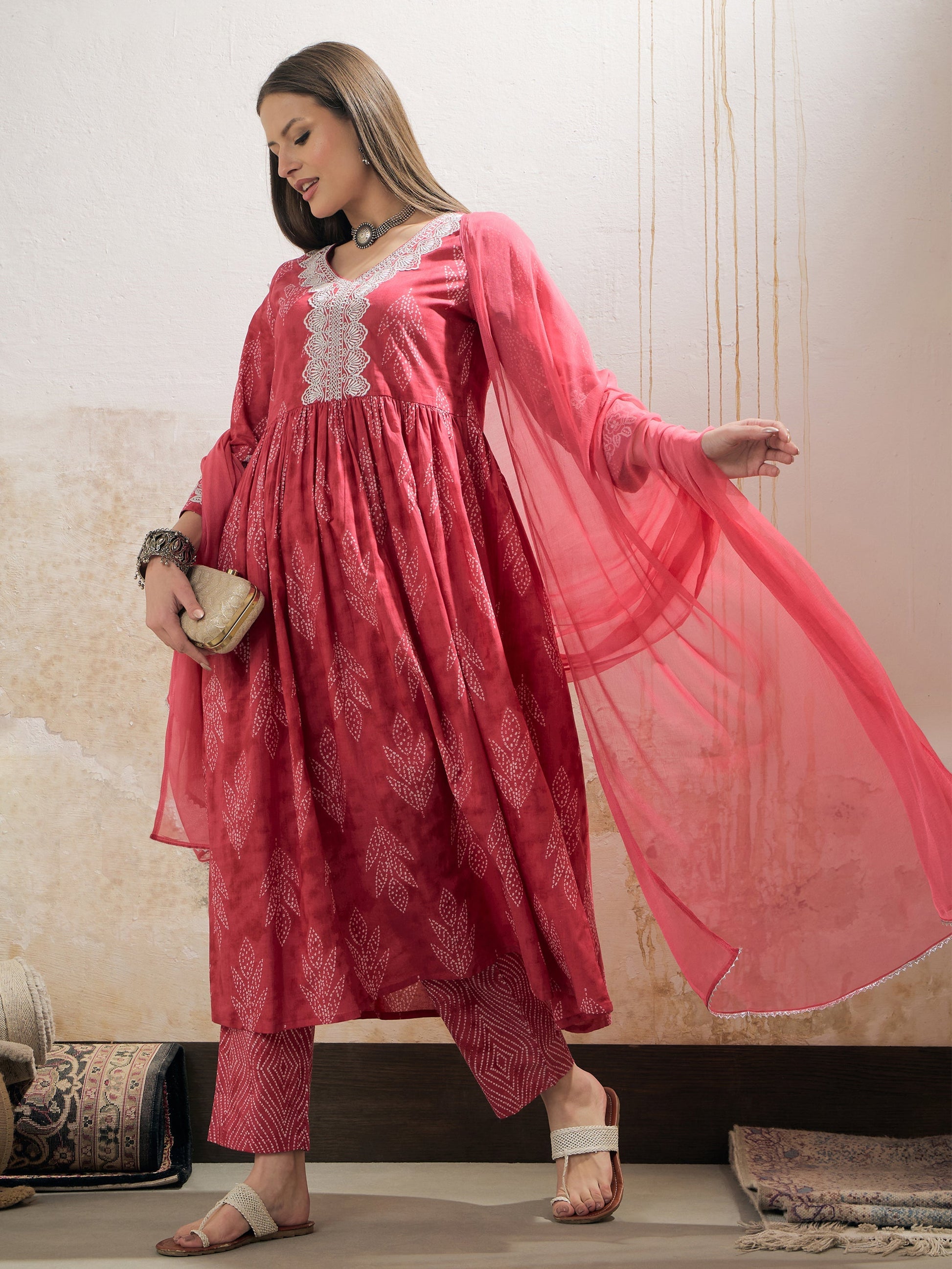 Pink Floral Gathered Kurta With Pencil Pants & Dupatta-Shae by SASSAFRAS