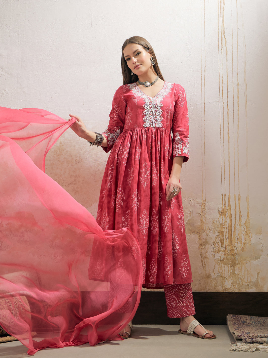 Pink Floral Gathered Kurta With Pencil Pants &amp; Dupatta-Shae by SASSAFRAS