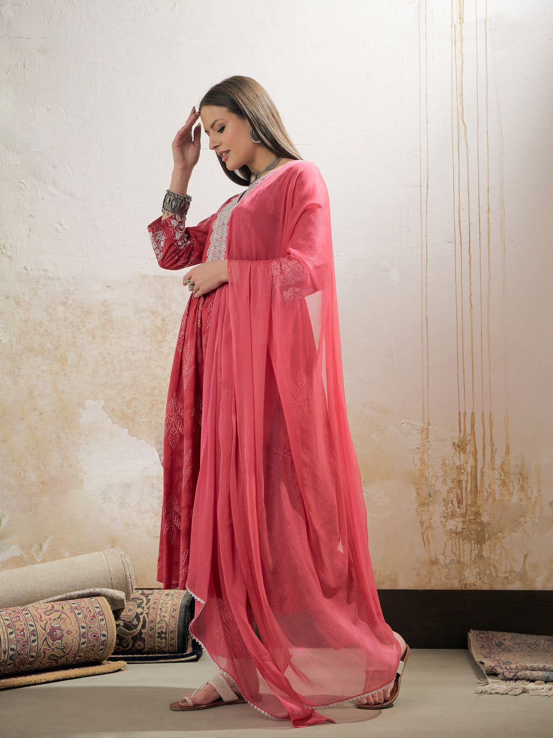 Pink Floral Gathered Kurta With Pencil Pants &amp; Dupatta-Shae by SASSAFRAS
