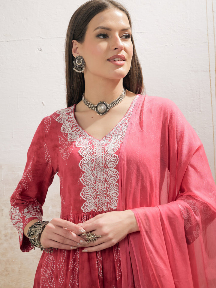 Pink Floral Gathered Kurta With Pencil Pants &amp; Dupatta-Shae by SASSAFRAS