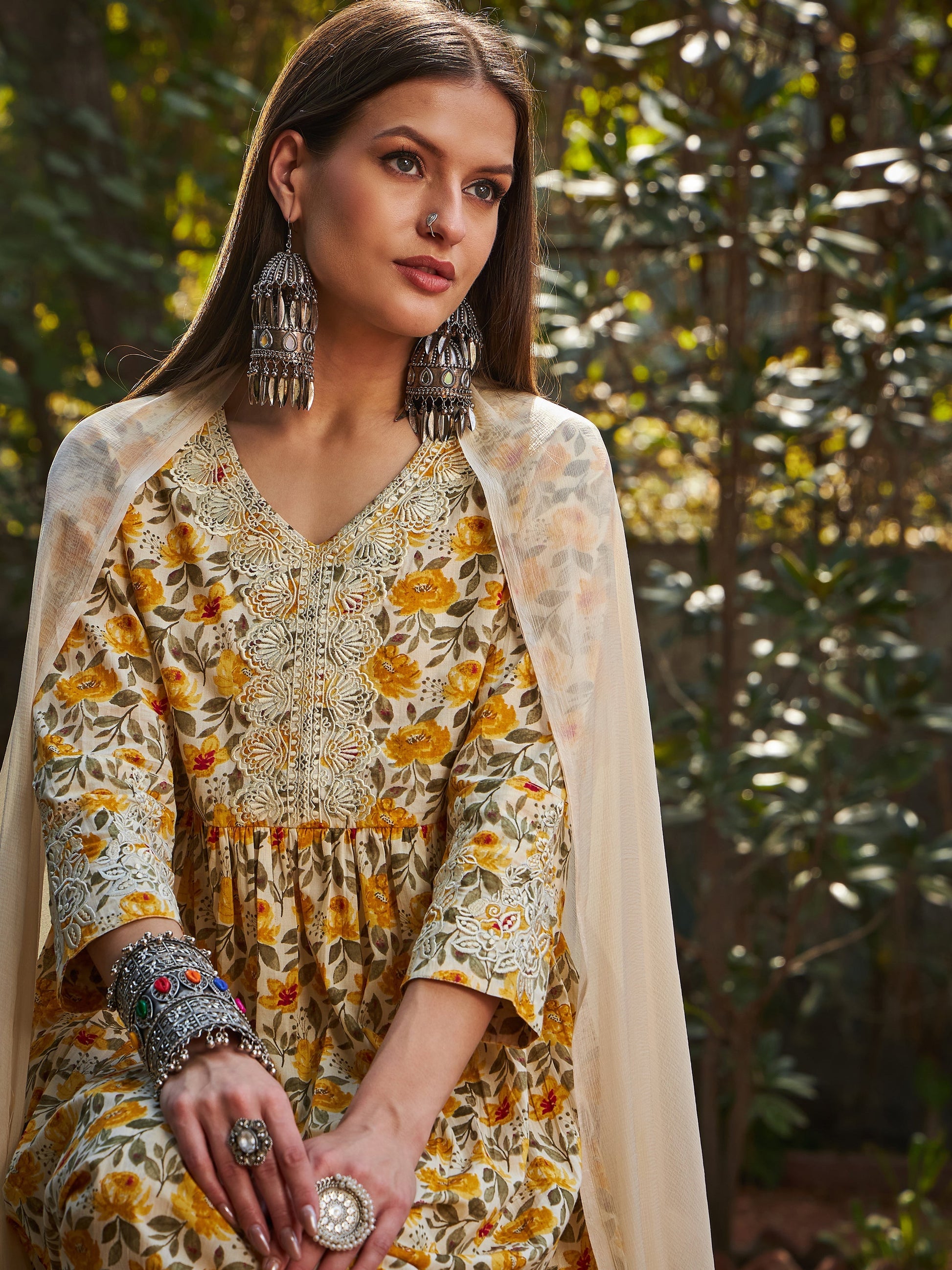 Yellow Floral Gathered Kurta With Pencil Pants & Dupatta-Shae by SASSAFRAS