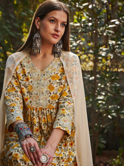 Yellow Floral Gathered Kurta With Pencil Pants & Dupatta-Shae by SASSAFRAS