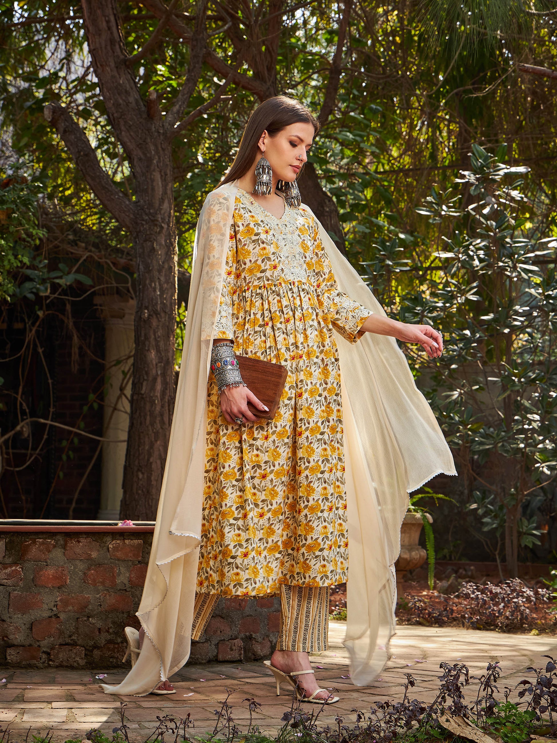 Yellow Floral Gathered Kurta With Pencil Pants & Dupatta-Shae by SASSAFRAS