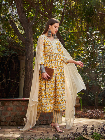 Yellow Floral Gathered Kurta With Pencil Pants & Dupatta-Shae by SASSAFRAS