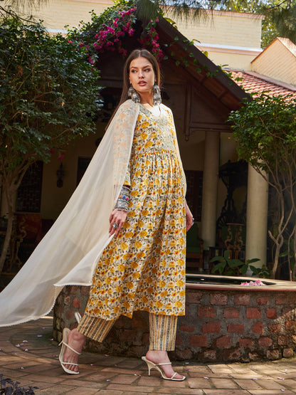 Yellow Floral Gathered Kurta With Pencil Pants & Dupatta-Shae by SASSAFRAS
