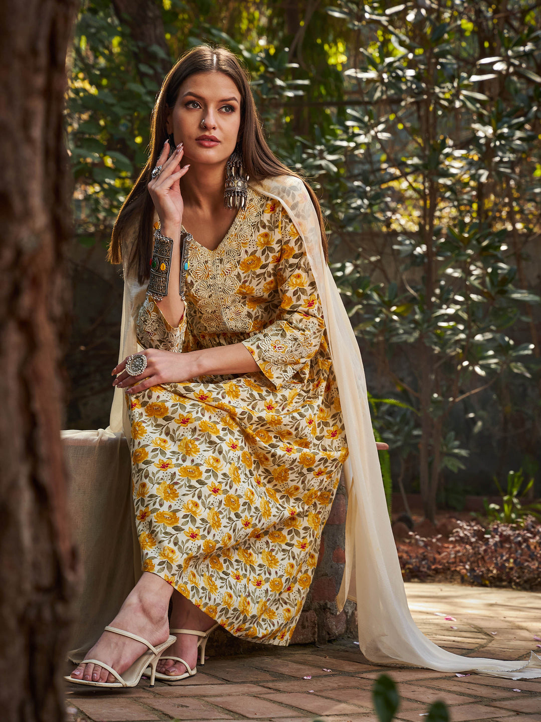 Yellow Floral Gathered Kurta With Pencil Pants &amp; Dupatta-Shae by SASSAFRAS