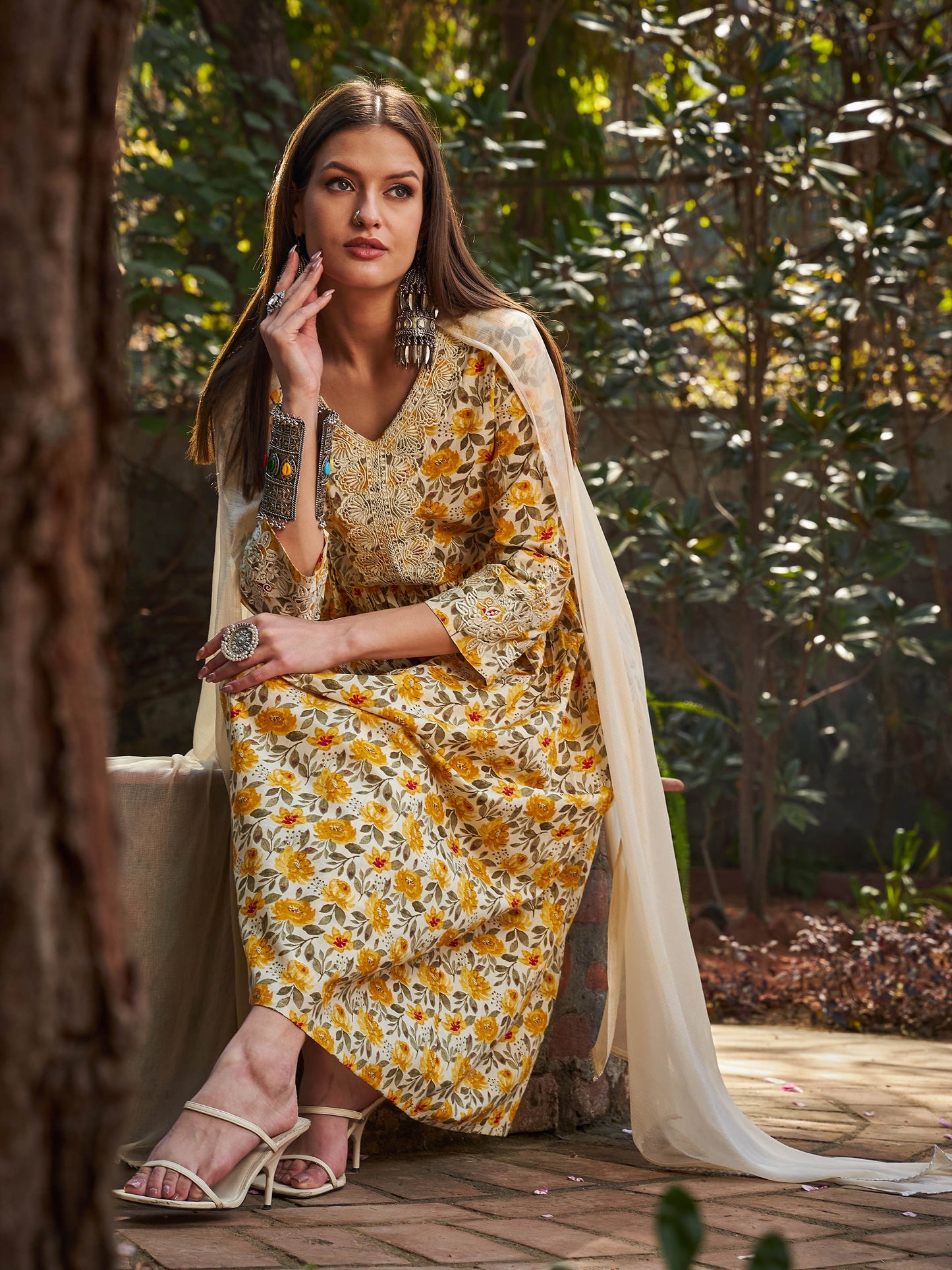 Yellow Floral Gathered Kurta With Pencil Pants & Dupatta-Shae by SASSAFRAS