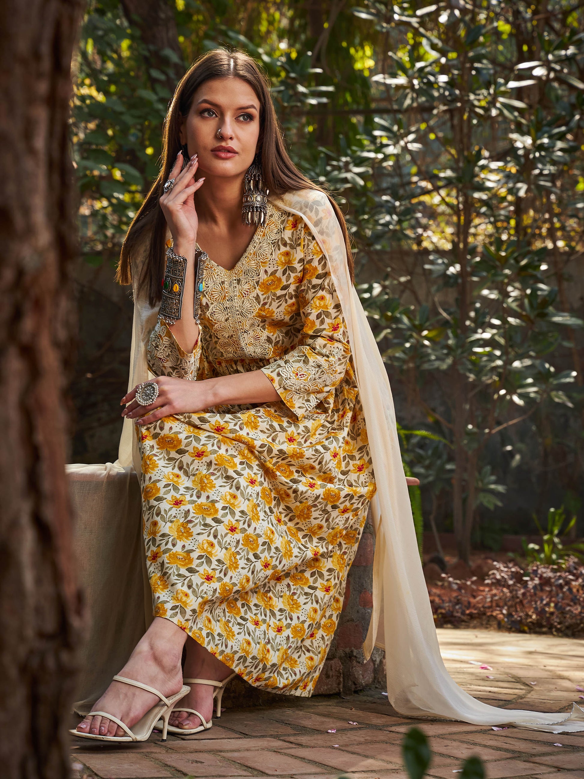 Yellow Floral Gathered Kurta With Pencil Pants & Dupatta-Shae by SASSAFRAS
