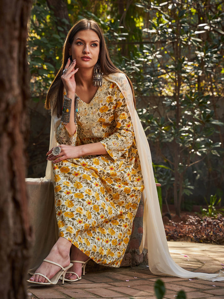 Yellow Floral Gathered Kurta With Pencil Pants &amp; Dupatta-Shae by SASSAFRAS
