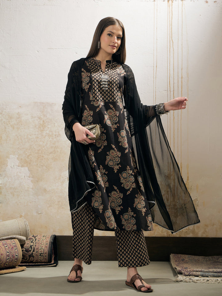 Black Floral Straight Kurta With Pencil Pants &amp; Dupatta-Shae by SASSAFRAS