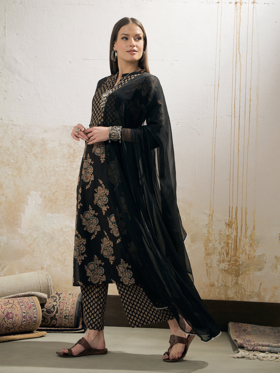 Black Floral Straight Kurta With Pencil Pants &amp; Dupatta-Shae by SASSAFRAS