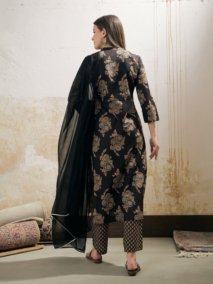 Black Floral Straight Kurta With Pencil Pants &amp; Dupatta-Shae by SASSAFRAS