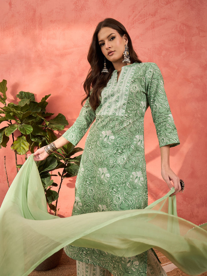Sea Green Floral Straight Kurta With Pencil Pants &amp; Dupatta-Shae by SASSAFRAS