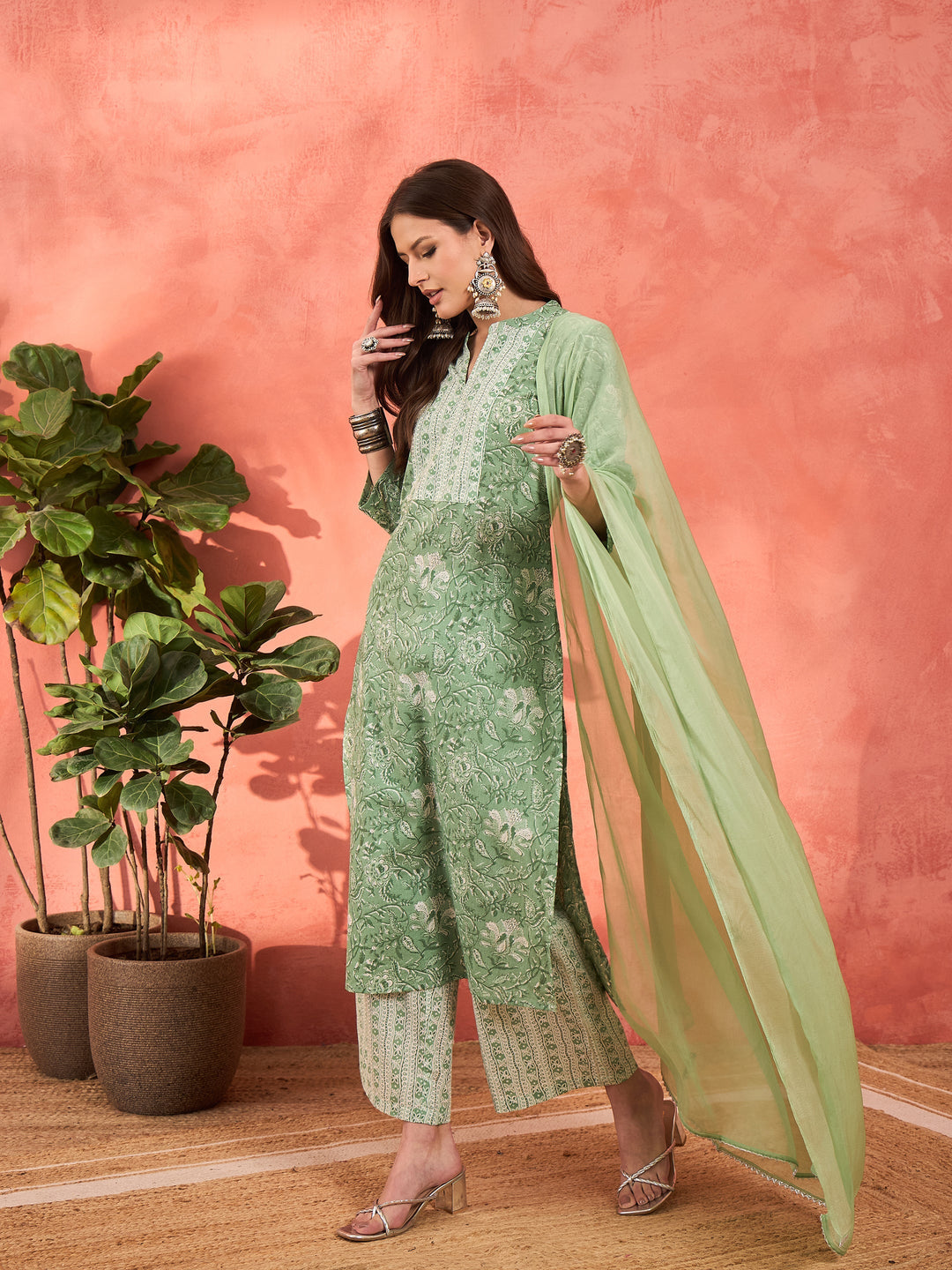 Sea Green Floral Straight Kurta With Pencil Pants &amp; Dupatta-Shae by SASSAFRAS