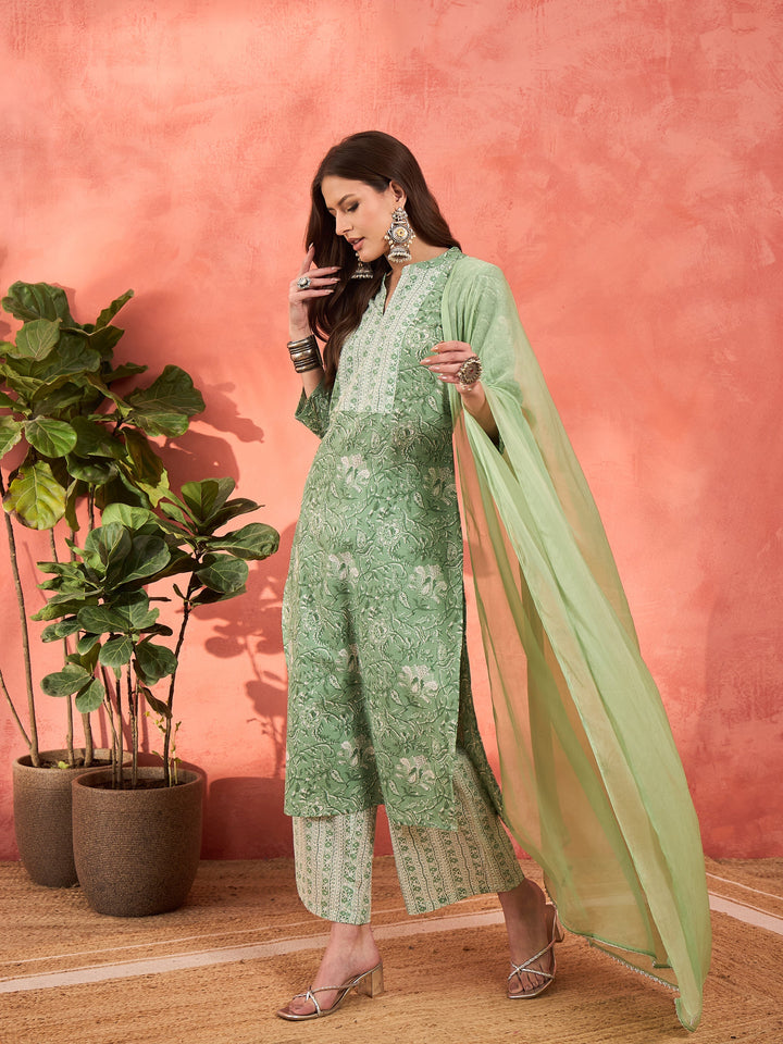 Sea Green Floral Straight Kurta With Pencil Pants &amp; Dupatta-Shae by SASSAFRAS
