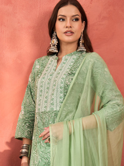 Sea Green Floral Straight Kurta With Pencil Pants & Dupatta-Shae by SASSAFRAS