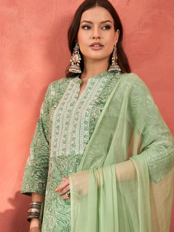 Sea Green Floral Straight Kurta With Pencil Pants &amp; Dupatta-Shae by SASSAFRAS