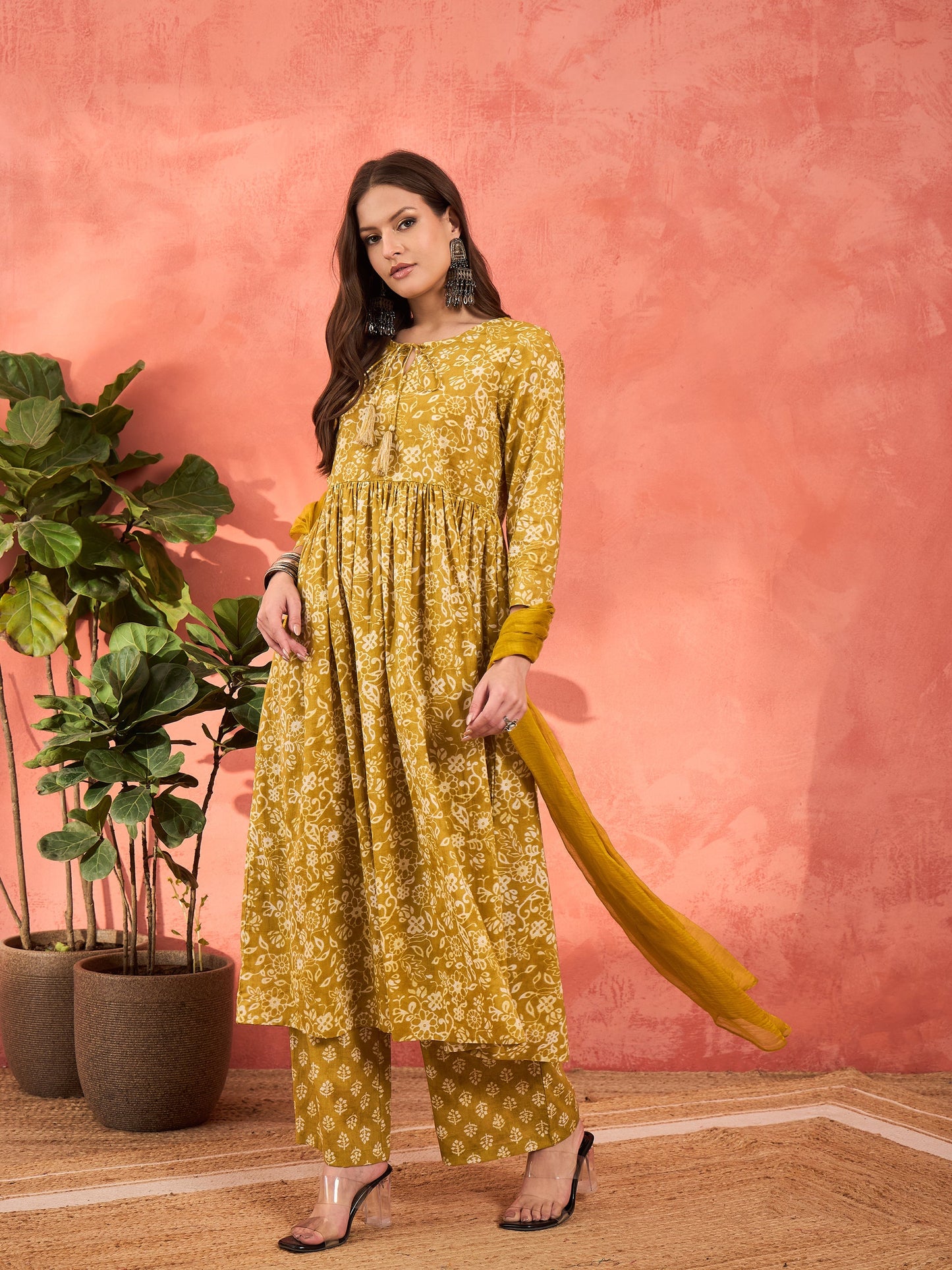 Yellow Floral Front Dori Gathered Kurta With Pencil Pants & Dupatta