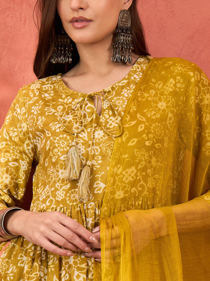 Yellow Floral Front Dori Gathered Kurta With Pencil Pants & Dupatta