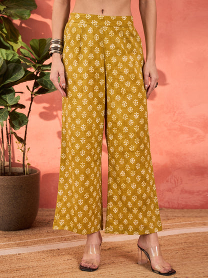 Yellow Floral Front Dori Gathered Kurta With Pencil Pants & Dupatta